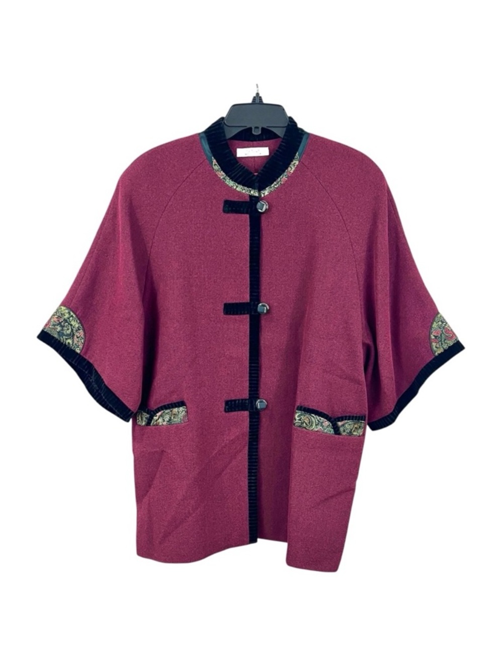 Vintage Asian Mandarin Collar Satin Brocade Velvet Kimono Blazer Cape Jacket